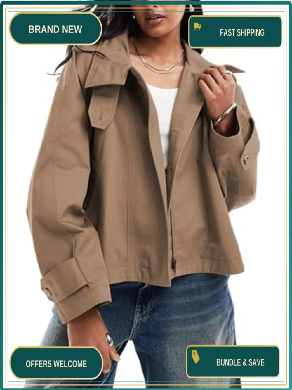 Cropped Trench Coat Zip Up Short Fall Jacket with Back Cape & Pockets
